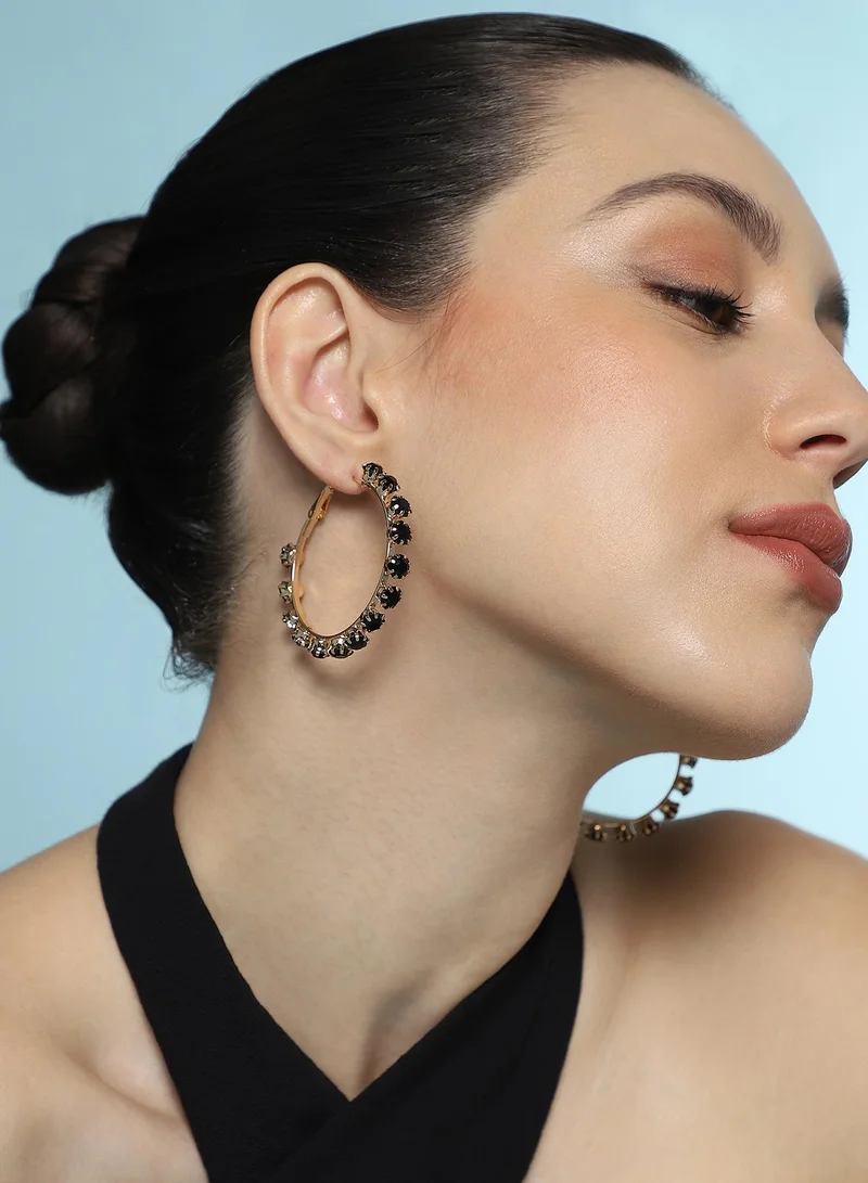 SOHI SOHI Women The All-Over-Stud Hoop Earrings | Onyx Black Colour | One-Size | Artificial Stone Alloy Material | Lever Back Closure | Earrings For Casual & Evening Wear