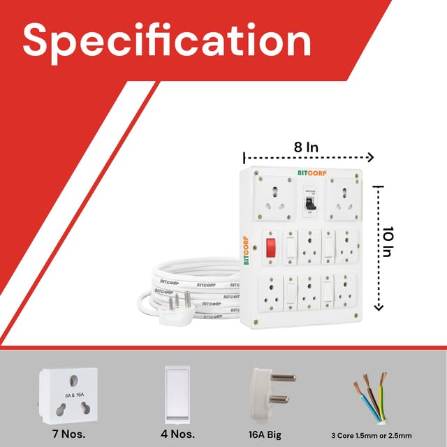 Bitcorp Extension Board Heavy Duty Junction Box 6A 16A 20A 7 Way Socket 4 Switch 2500 Load Capacity High Voltage with Thermal Protection Surge Control 2 Meter Long Cable Cord White - Image 3
