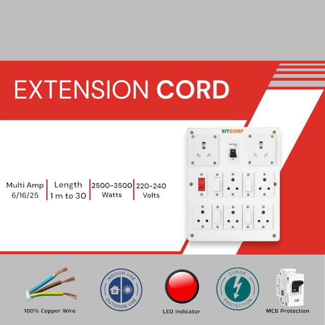Bitcorp Extension Board Heavy Duty Junction Box 6A 16A 20A 7 Way Socket 4 Switch 2500 Load Capacity High Voltage with Thermal Protection Surge Control 2 Meter Long Cable Cord White - Image 2