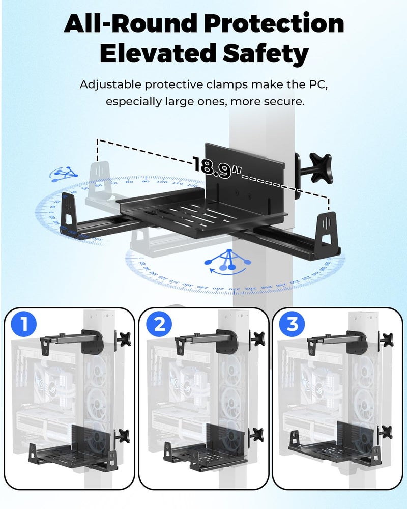 JOY worker Upgraded Under Desk PC Mount for Standing Desk, Clamp-On Desk Leg Computer Mount with Extra Protective Arms, Adjustable Computer Case CPU Holder Holds Up to 44lbs, Black - Image 4