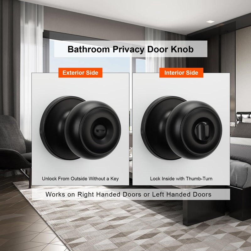 Haidms 6 Pack Matte Black Door Knobs Interior Privacy, Black Interior Door Knobs for Bedroom or Bathroom Classic Round Doorknobs Hardware - Image 3