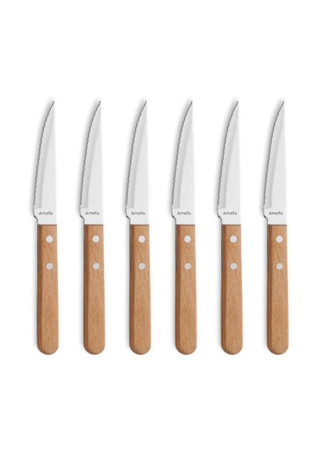 Amefa PIZZA Steak Knife Set of 12 with Wooden Handle, Professional Serrated Steak Knives for Meat Fish & Vegetarian Meals, Premium 18/10 Stainless Steel Blade, Razor-Sharp Micro Serrations, Classic Riveted Wood Handle, Durable Rust-Resistant Silver Finish, Ideal for Daily Dining BBQ Restaurants & Home Kitchens, Comfortable Grip, Long-Lasting Performance, European Quality Cutlery, Perfect for Cozy Dinners Summer Barbecues and Table Settings, Balanced Weight Design, Easy Cutting Without Tearing, Timeless Design Steak Knife Collection for KSA Homes - Image 1