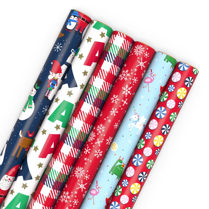 Hallmark Kids Christmas Wrapping Paper Rolls with Cutlines on Reverse 6 Rolls 180 Sq Ft Total Dinosaur Unicorn Flamingo Koala - Image 2