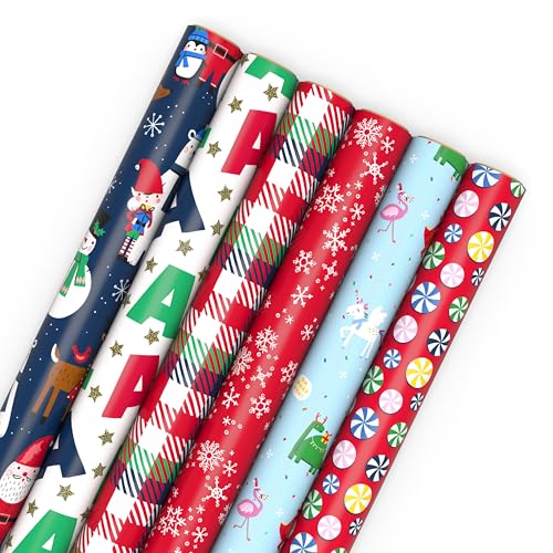 Hallmark Kids Christmas Wrapping Paper Rolls with Cutlines on Reverse 6 Rolls 180 Sq Ft Total Dinosaur Unicorn Flamingo Koala - Image 1
