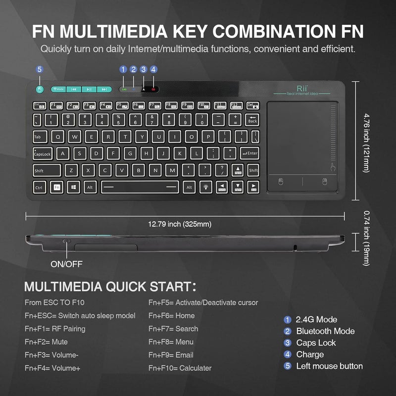 RII (Dual Mode) RT518S Wireless and Bluetooth 2-LED Color Backlit Multimedia Keyboard with Multi-Touch Big Size Trackpad,Rechargable Keyboard for Android TV Box,PC,Tablets,Smart TV, HTPC, IPTV,Windows - Image 4