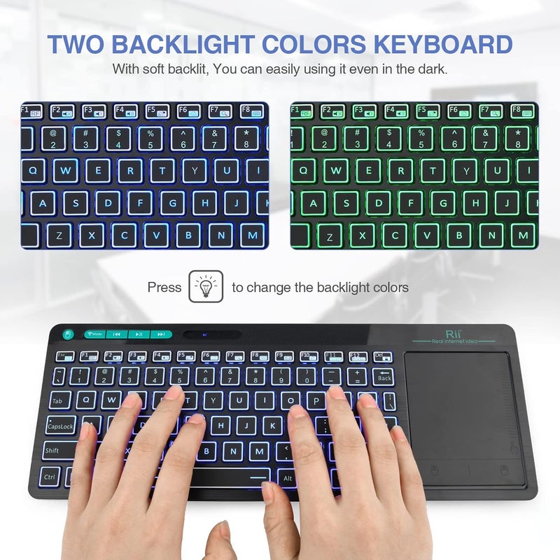 RII (Dual Mode) RT518S Wireless and Bluetooth 2-LED Color Backlit Multimedia Keyboard with Multi-Touch Big Size Trackpad,Rechargable Keyboard for Android TV Box,PC,Tablets,Smart TV, HTPC, IPTV,Windows - Image 3
