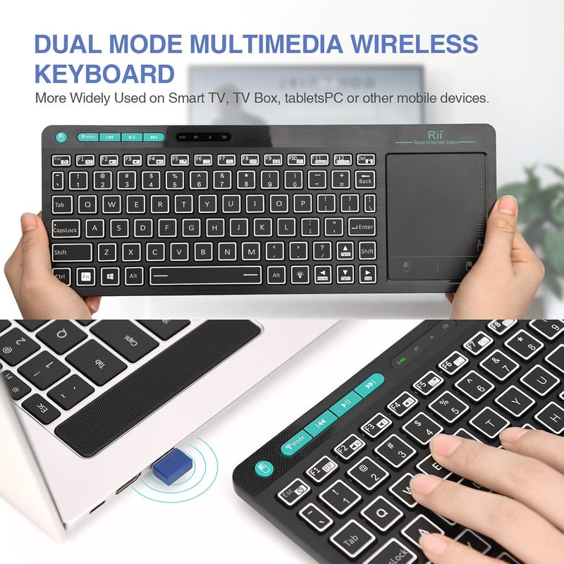 RII (Dual Mode) RT518S Wireless and Bluetooth 2-LED Color Backlit Multimedia Keyboard with Multi-Touch Big Size Trackpad,Rechargable Keyboard for Android TV Box,PC,Tablets,Smart TV, HTPC, IPTV,Windows - Image 2