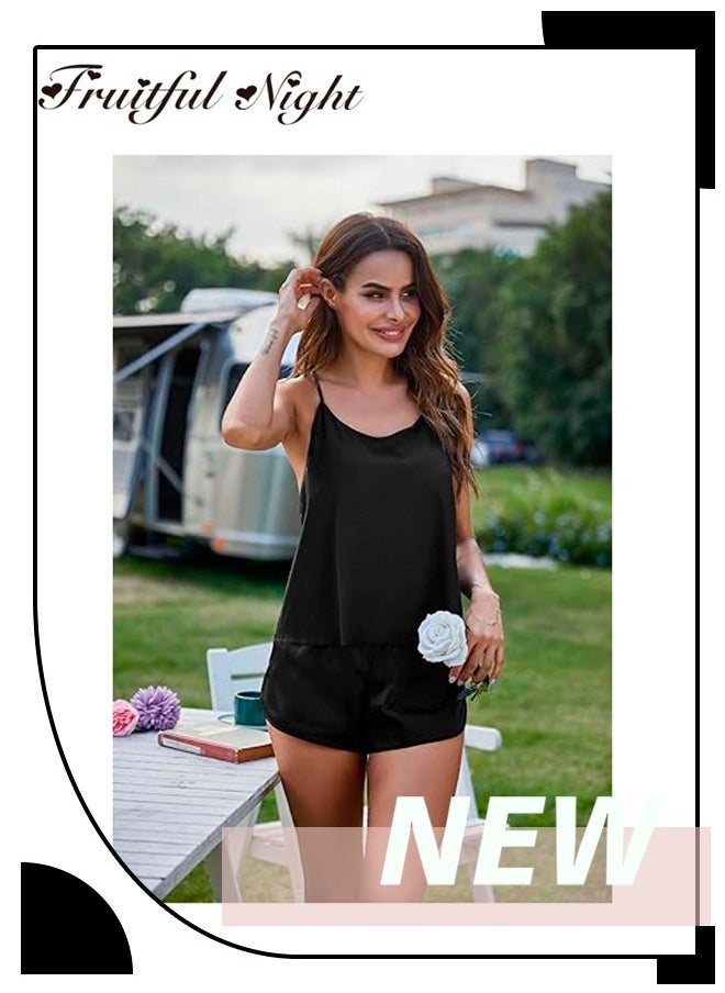 Fruitful Night - Silk Pajama Set Women Satin Backless Underwear, Top and Shorts Pajamas - Image 1