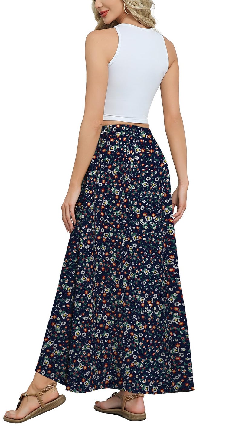 Askyes Womens Long Skirts Summer Beach Cute Flowy High Waisted Casual Maxi Skirts with Pockets,Navy Floral,M - Image 1