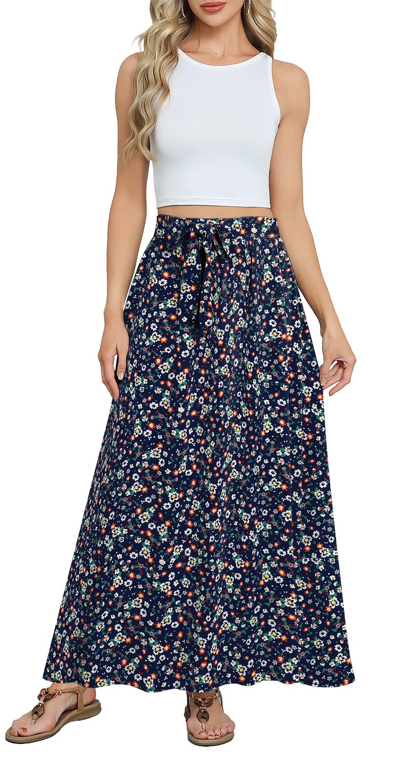 Askyes Womens Long Skirts Summer Beach Cute Flowy High Waisted Casual Maxi Skirts with Pockets,Navy Floral,M - Image 3