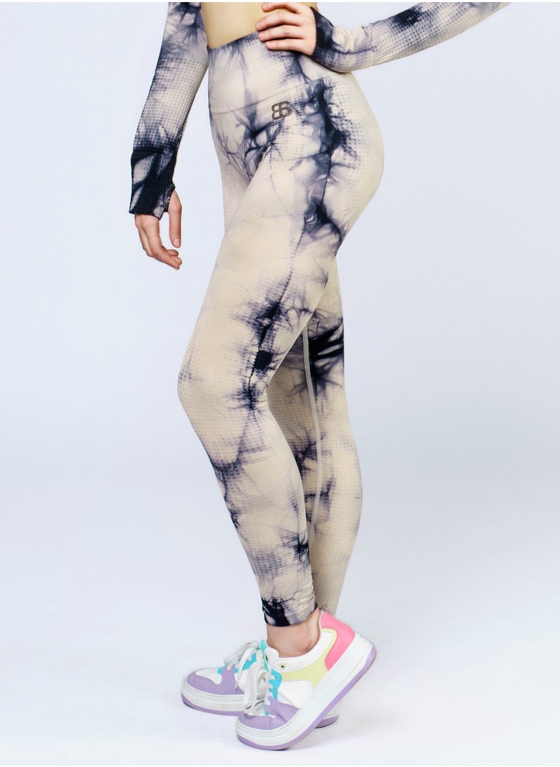 Bernessi Nylon Tie-Dye Gym Leggings for Women High Waist Ladies Sports Yoga Workout Running Fitness Pants with Tummy Control Textured Blue Beige Print  - Image 3