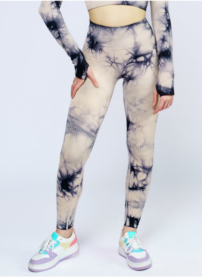Bernessi Nylon Tie-Dye Gym Leggings for Women High Waist Ladies Sports Yoga Workout Running Fitness Pants with Tummy Control Textured Blue Beige Print  - Image 1