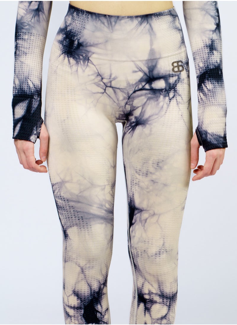 Bernessi Nylon Tie-Dye Gym Leggings for Women High Waist Ladies Sports Yoga Workout Running Fitness Pants with Tummy Control Textured Blue Beige Print  - Image 4