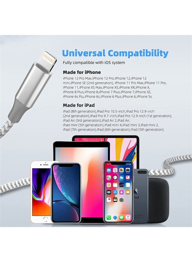 شاحن iPhone [معتمد من Apple MFi] كابل Lightning بطول 10 أقدام مع كابل USB عالي السرعة لمزامنة البيانات وشحن سريع متوافق مع iPhone 13/12/11 Pro Max/XS MAX/XR/XS/X/8/7/Plus/6S (رمادي أبيض)