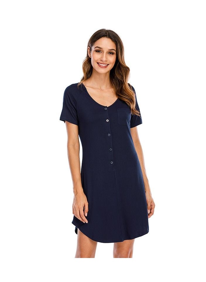 NIBEMINENT V-neck Short Sleeve Loose Comfortable Nightdress Dark Blue  - Image 1