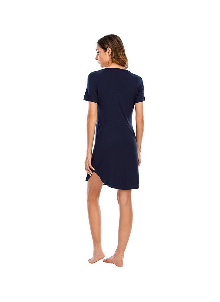 NIBEMINENT V-neck Short Sleeve Loose Comfortable Nightdress Dark Blue  - Image 3