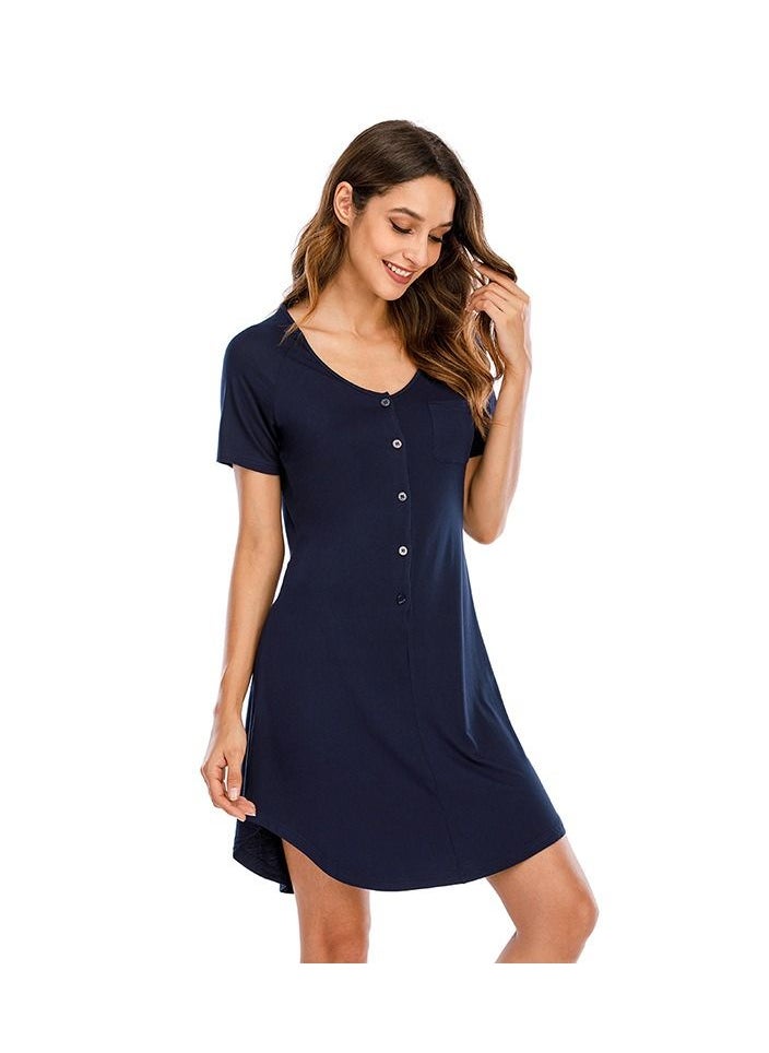 NIBEMINENT V-neck Short Sleeve Loose Comfortable Nightdress Dark Blue  - Image 5