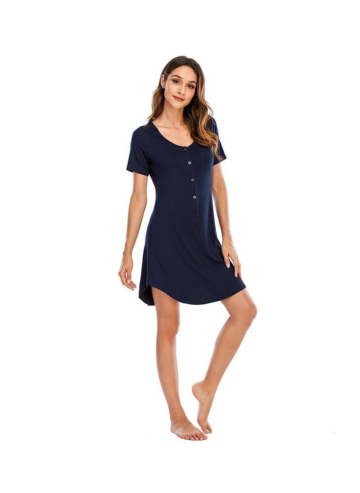 NIBEMINENT V-neck Short Sleeve Loose Comfortable Nightdress Dark Blue  - Image 4