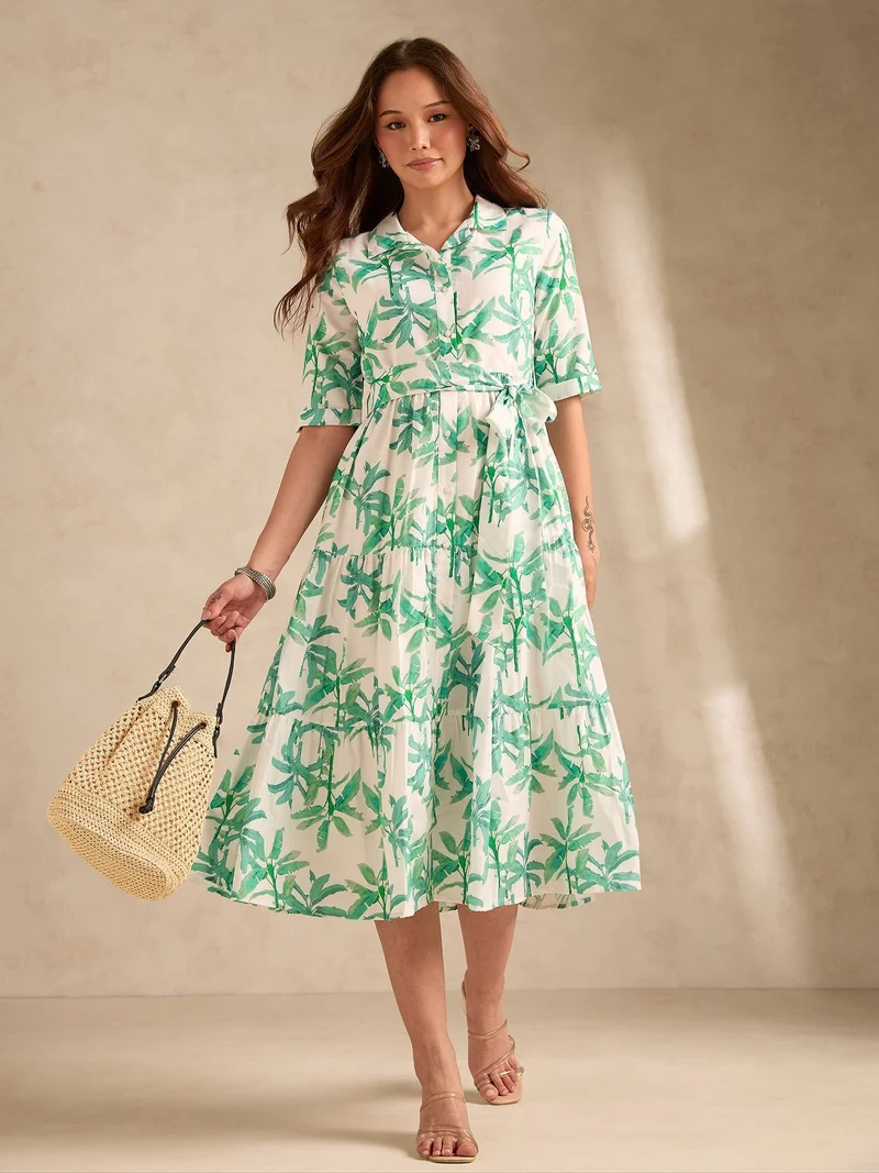 Outzidr  Multi Midi Length Tiered Printed Dress for Women | Best Price UAE