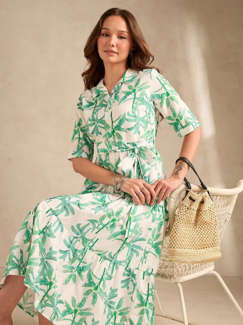 Outzidr  Multi Midi Length Tiered Printed Dress for Women | Best Price UAE