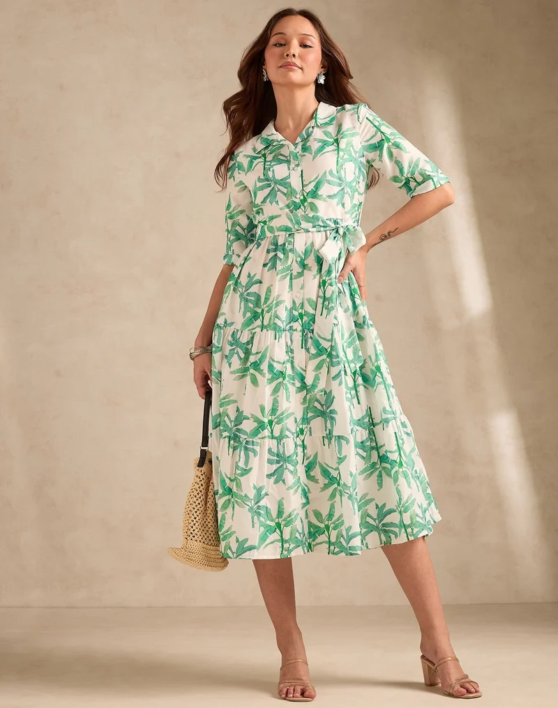 OUTZIDR Multi Midi Length Tiered Printed Dress