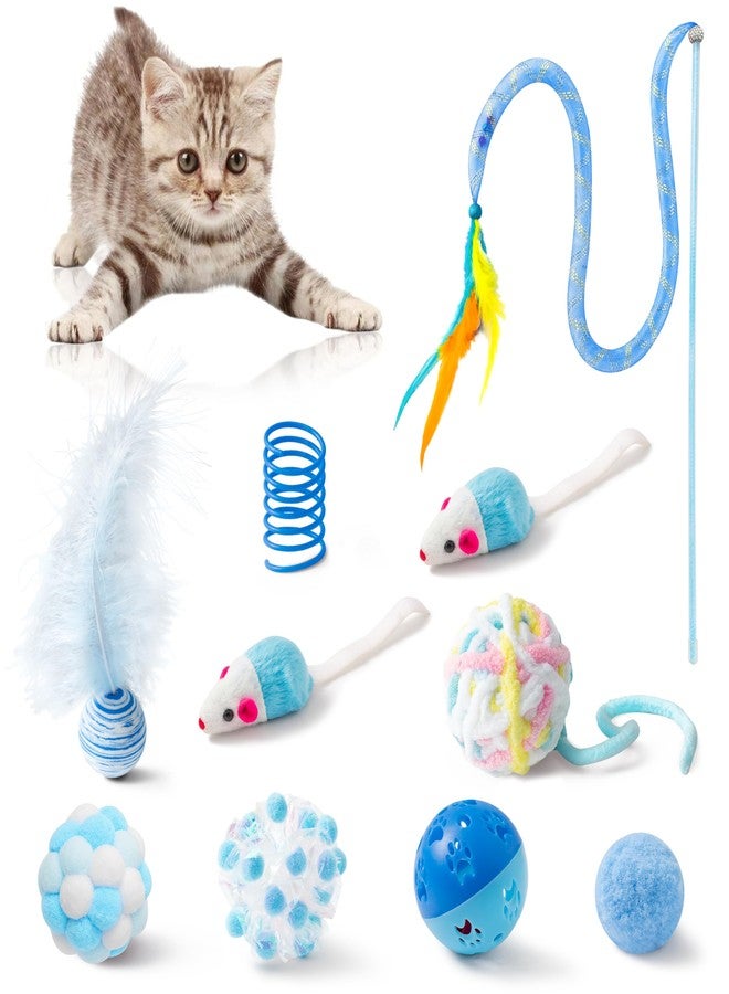 MALLMALL6 10Pcs Cat Toy Set Including Cat Springs Feather Teaser Wand Mice Crinkle Balls and Pet Bell Balls, Puzzle Interactive Pet Gift Pack Toys for Indoor Kitten (Blue) - Image 1
