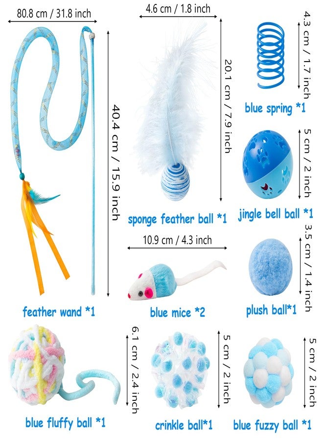 MALLMALL6 10Pcs Cat Toy Set Including Cat Springs Feather Teaser Wand Mice Crinkle Balls and Pet Bell Balls, Puzzle Interactive Pet Gift Pack Toys for Indoor Kitten (Blue) - Image 2