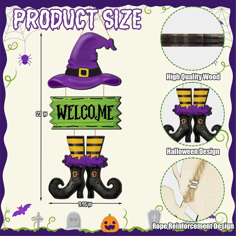 SNILOAW Halloween Door Sign Witch Wreath Decorations Witch Welcome Door Sign Hallowee Wooden Door Hanging Decorations Halloween Witchy Porch Sign for Front Door Porch Wall Decor - Image 2