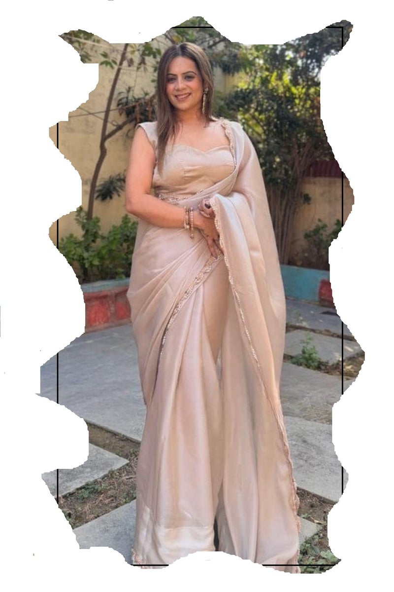 SGF11 Women's Tissue Soft Silk Saree With Unstitched Blouse Piece (Silver) - Image 1