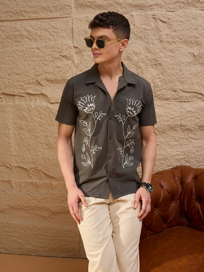 Take Two  REPRISE Grey Embroidered Pattern Casual Shirt for Men | Best Price UAE
