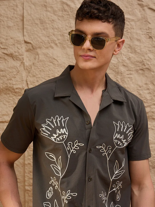 Take Two  REPRISE Grey Embroidered Pattern Casual Shirt for Men | Best Price UAE