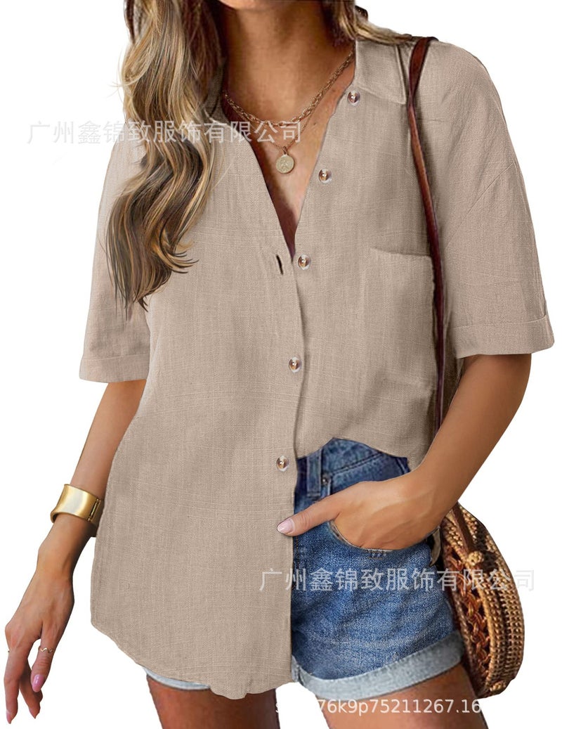 2025 Women'S Linen Shirt Cotton Buttoned Shirt Short Sleeve Loose Collared Casual Work Shirt - Image 1