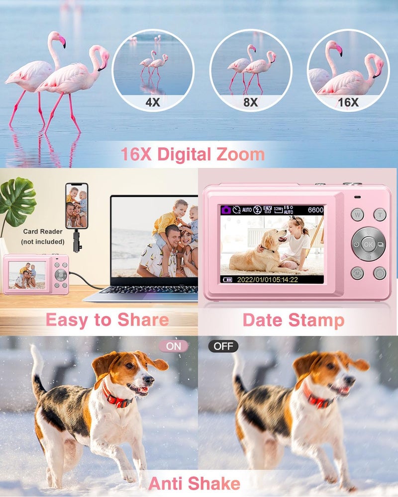 Lecran Digital Camera, FHD 1080P Point and Shoot Kids Camera, with 32GB Card, 2 Batteries, 16X Zoom Anti Shake Date Stamp, Compact Portable Small, for Starter Kid Children Teen Student Girl Boy(Pink) - Image 5