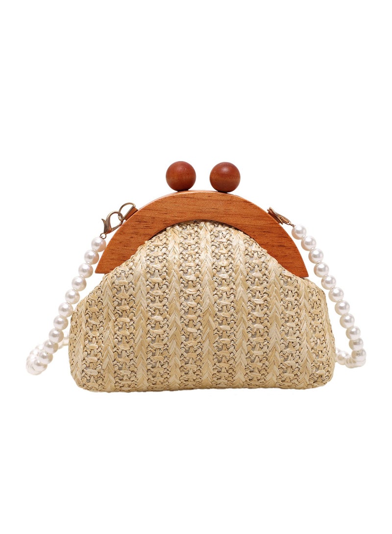 Excefore Straw Crossbody Handbag for Women, Mini Purse Rattan Wallet Bag Summer Beach Woven Pearl Straw Shoulder Bag Clutch - Image 1