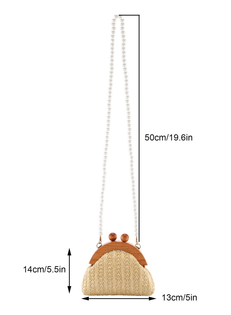 Excefore Straw Crossbody Handbag for Women, Mini Purse Rattan Wallet Bag Summer Beach Woven Pearl Straw Shoulder Bag Clutch - Image 2