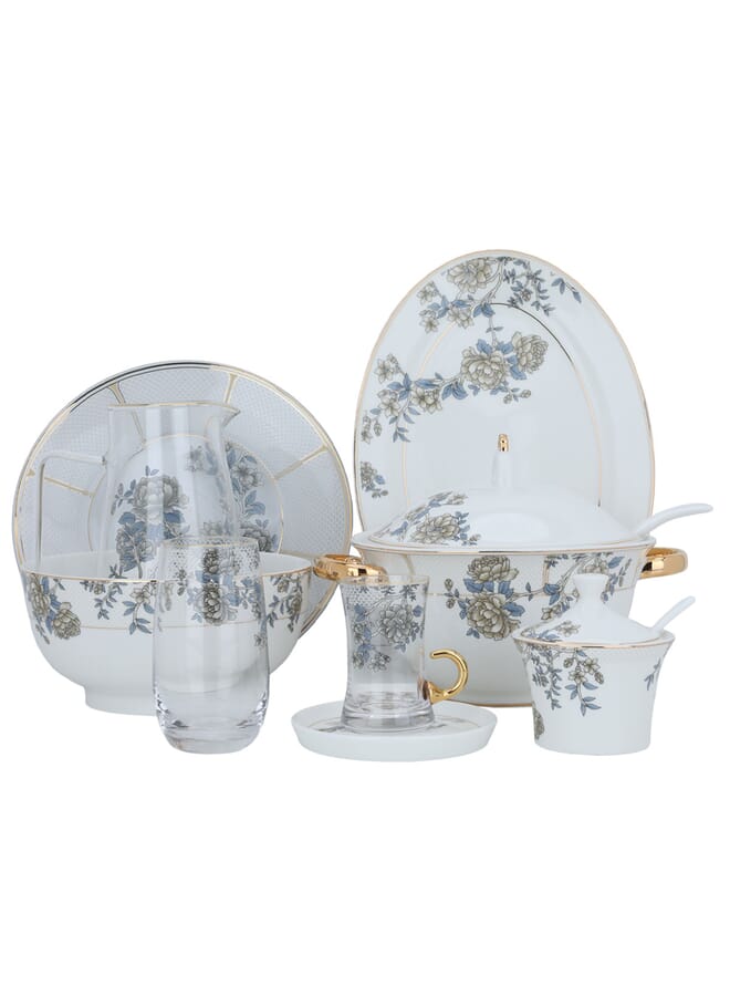 Alsaif Gallery White porcelain dining set with a rose pattern and a golden font, 61 pieces - Image 1
