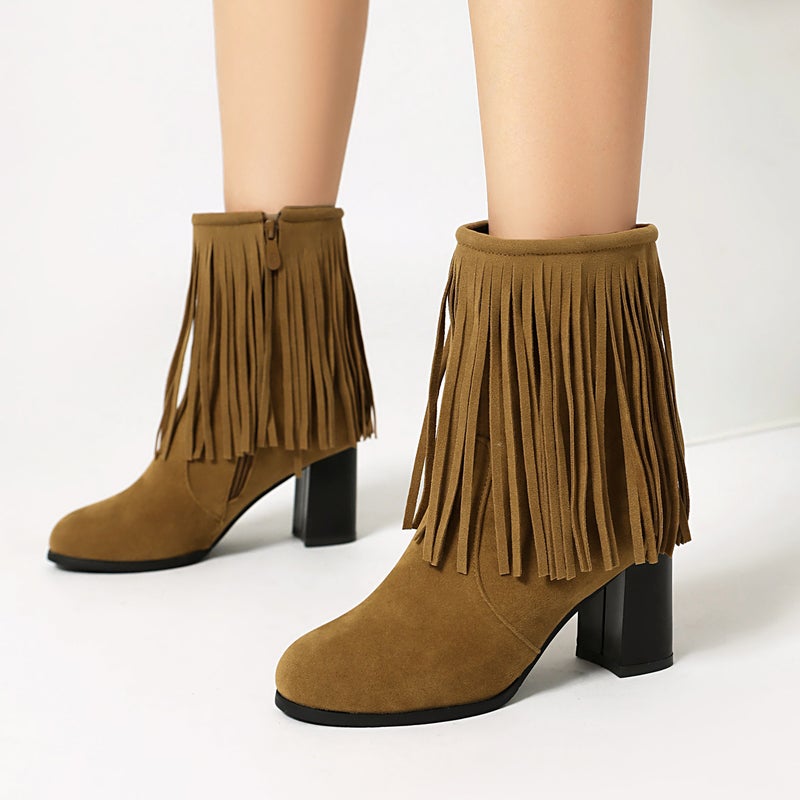 2024 Fashion High Heel Thick Heel Tassel Boots 40-48 Plus Size Suede Low Boots - Image 4