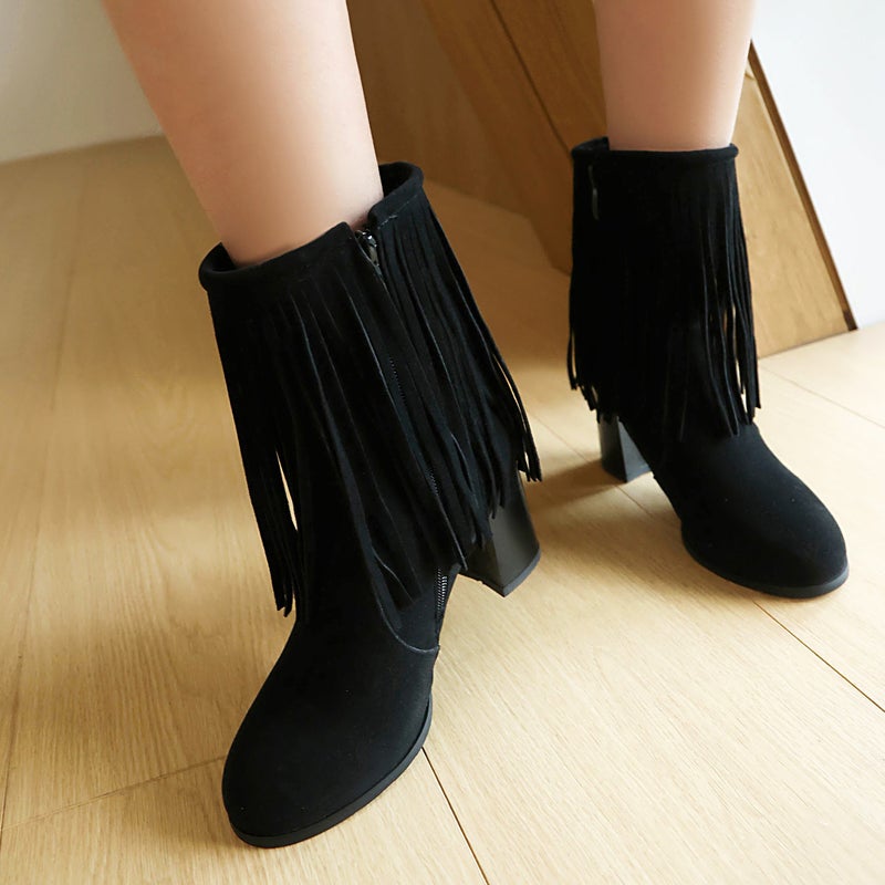 2024 Fashion High Heel Thick Heel Tassel Boots 40-48 Plus Size Suede Low Boots - Image 5