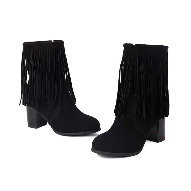 2024 Fashion High Heel Thick Heel Tassel Boots 40-48 Plus Size Suede Low Boots - Image 1