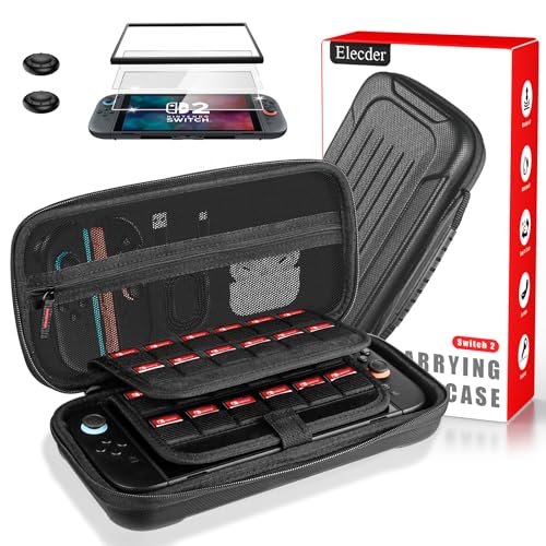 ELECDER for Nintendo Switch 2 Case Black - Protective Carrying Case with 24 Games Cartridges, 2 Screen Protectors, 2 Thumb Grip Caps, Hard Shell Carry Travel Pouch Bag for Console, Accessories - Image 1