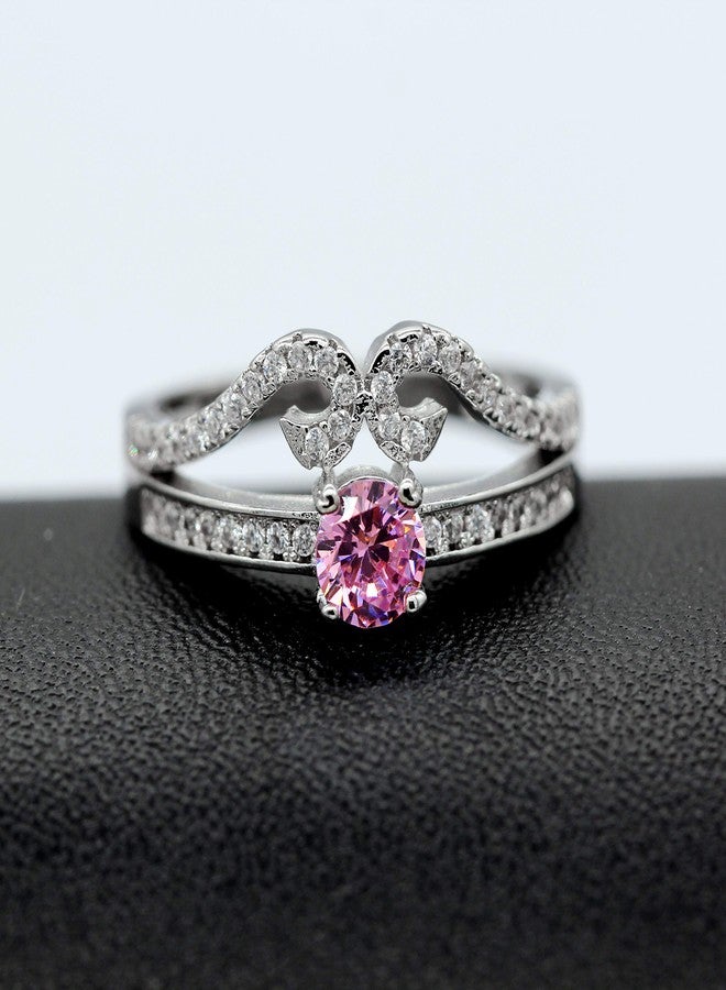 Uloveido Women Fashion White Gold Plated Queen Crown Ring with Pink CZ Crystal, Bridal Princess Tiara Ring for Women (size 7) Y2867 - Image 2