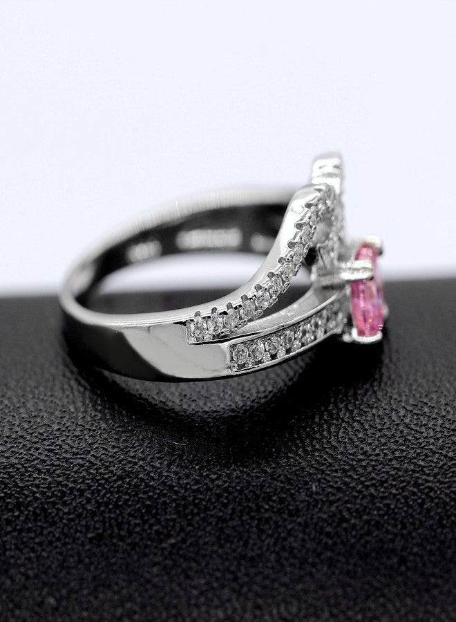 Uloveido Women Fashion White Gold Plated Queen Crown Ring with Pink CZ Crystal, Bridal Princess Tiara Ring for Women (size 7) Y2867 - Image 4