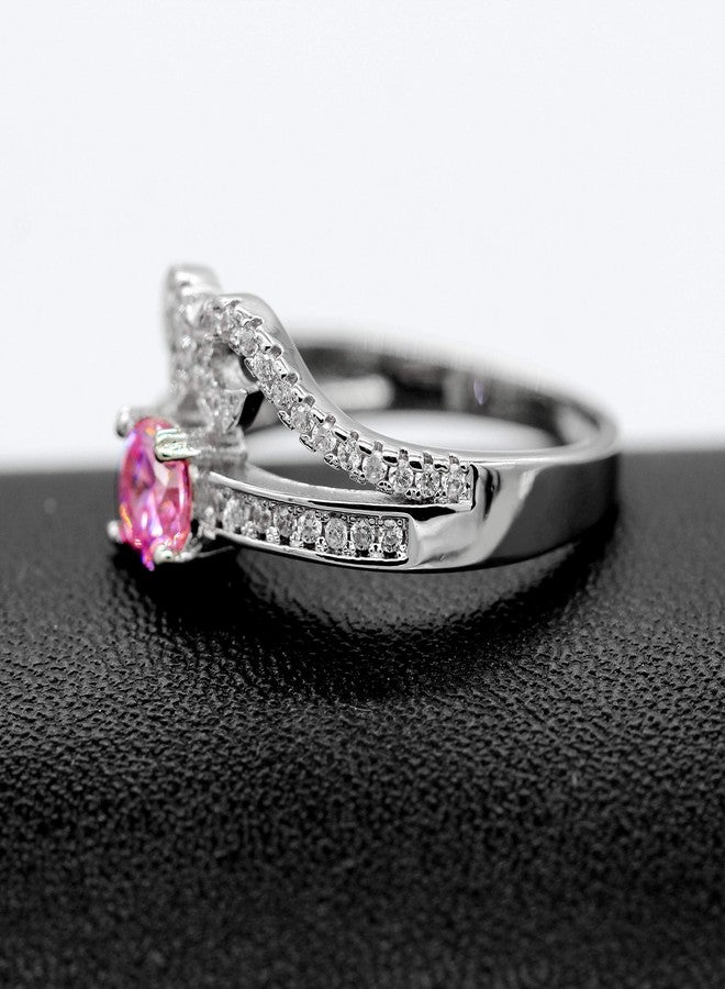 Uloveido Women Fashion White Gold Plated Queen Crown Ring with Pink CZ Crystal, Bridal Princess Tiara Ring for Women (size 7) Y2867 - Image 3
