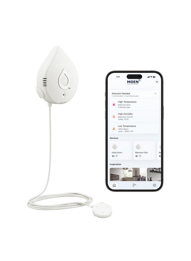 موين جهاز كشف تسربات المياه الذكي من موين فلو، جهاز إنذار استشعار المياه للمنزل، عبوة واحدة، أبيض، 920-004 - Image 1