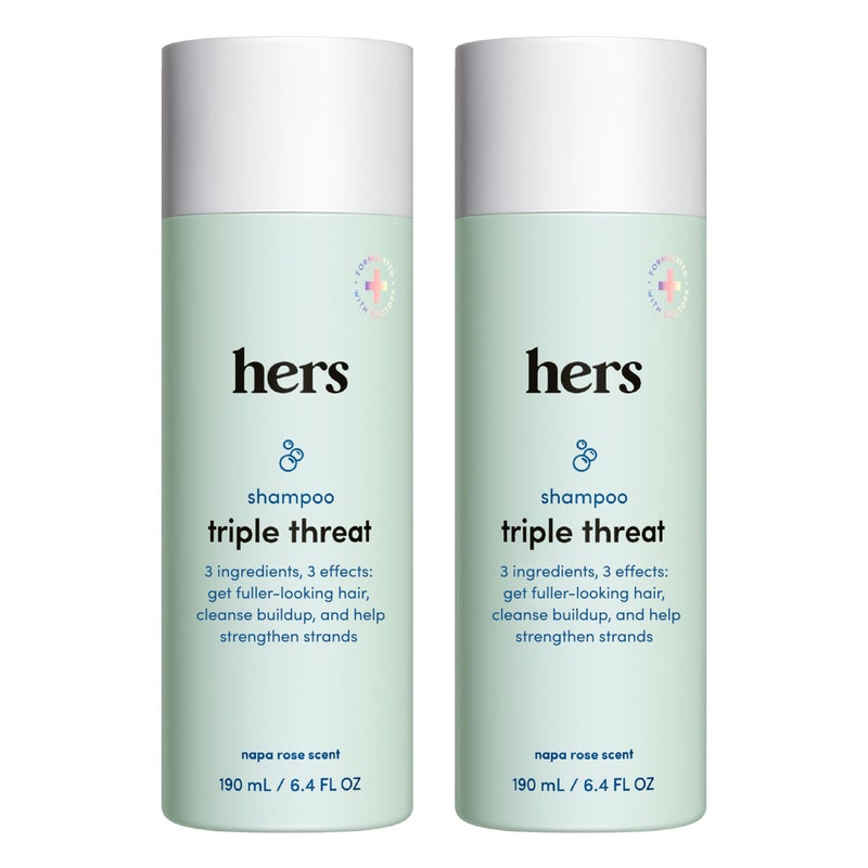 hers triple threat shampoo for hair that feels and looks thicker and stronger with biotin, saw palmetto, pumpkin seed oil, lightly scented with rose, helps control hair shedding, 2 pack, 6.4oz - Image 1