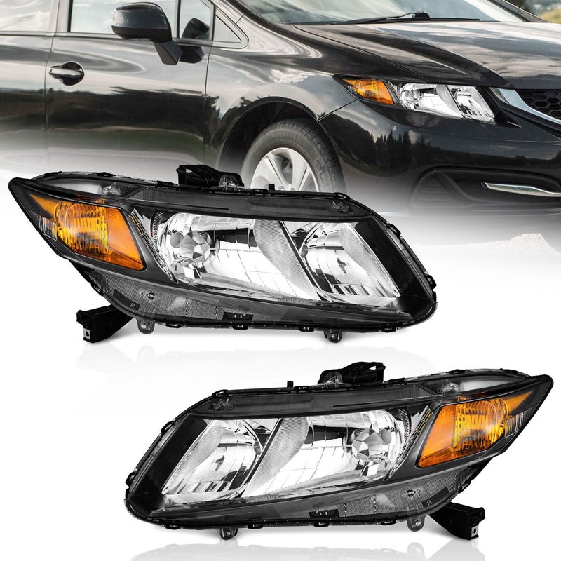 WEELMOTO for 20122015 Honda Civic 4Dr Sedan Headlights for 1213 Honda Civic 2Dr Coupe Pair Headlamp Black Housing Amber Reflector LeftRight Side Does NOT Fit Hybrid or HybridL Models