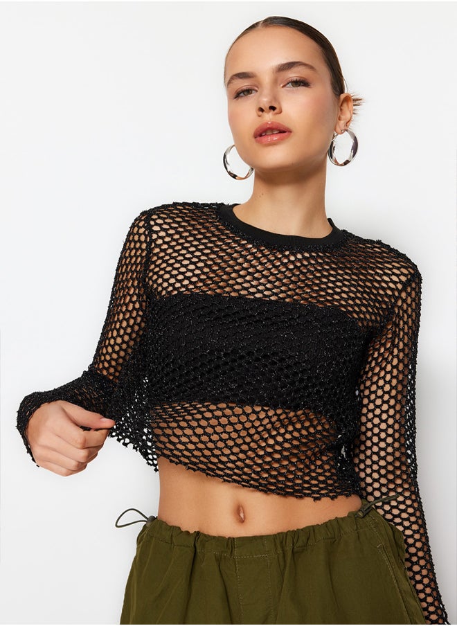 trendyol - Lurex Mesh Relaxed Cut Crew Neck Crop Knitted Blouse TWOSS23BZ00523 - Image 1