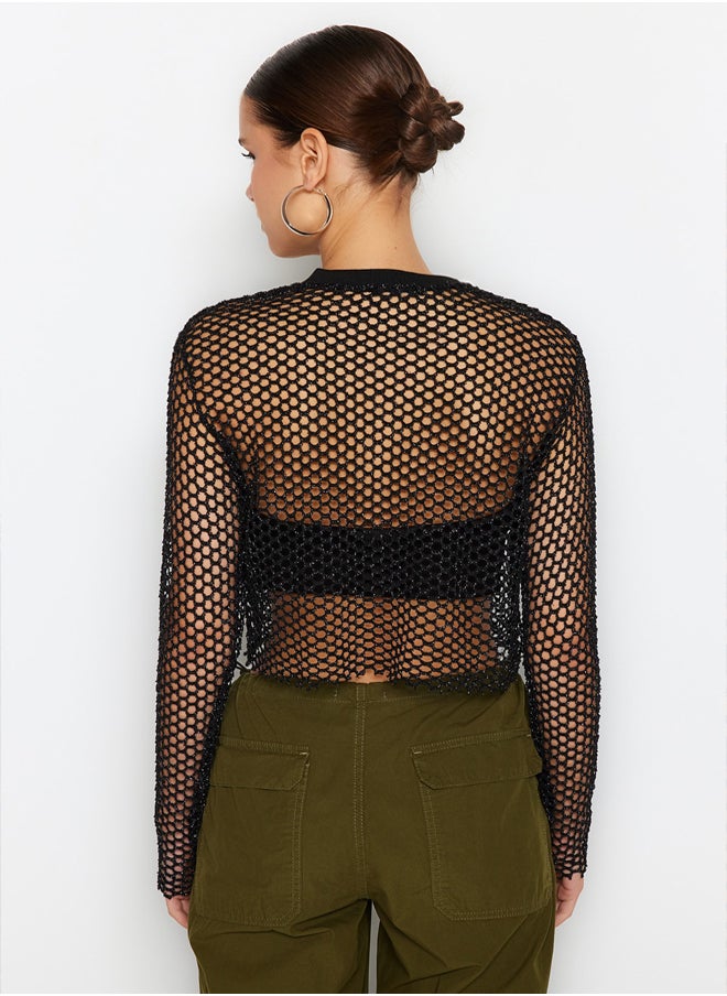 trendyol - Lurex Mesh Relaxed Cut Crew Neck Crop Knitted Blouse TWOSS23BZ00523 - Image 1