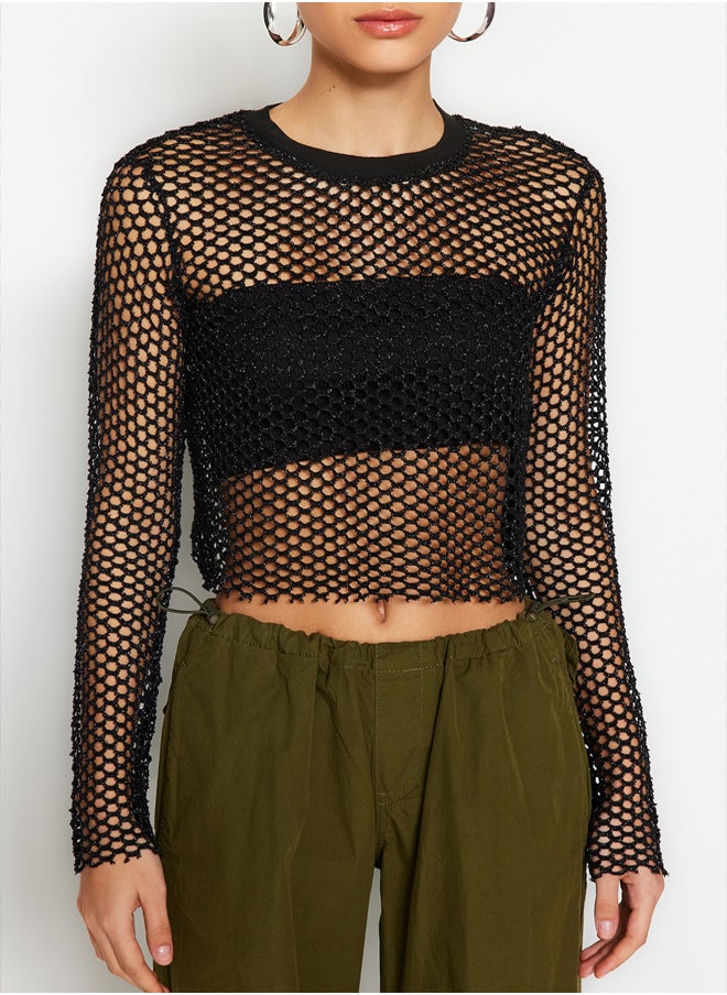 trendyol - Lurex Mesh Relaxed Cut Crew Neck Crop Knitted Blouse TWOSS23BZ00523 - Image 1