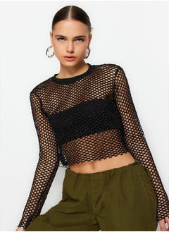 Lurex Mesh Relaxed Cut Crew Neck Crop Knitted Blouse TWOSS23BZ00523